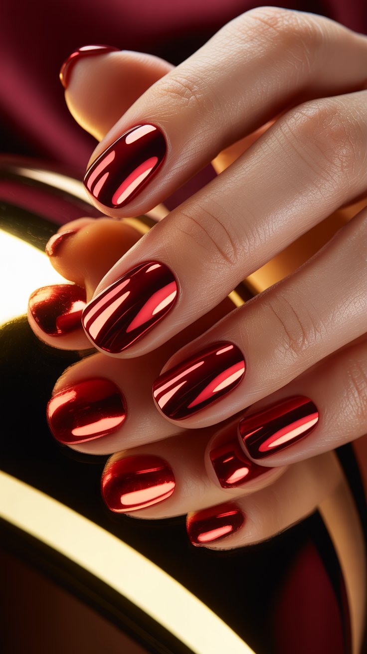 Red chrome nails with mirror shine and golden highlights.