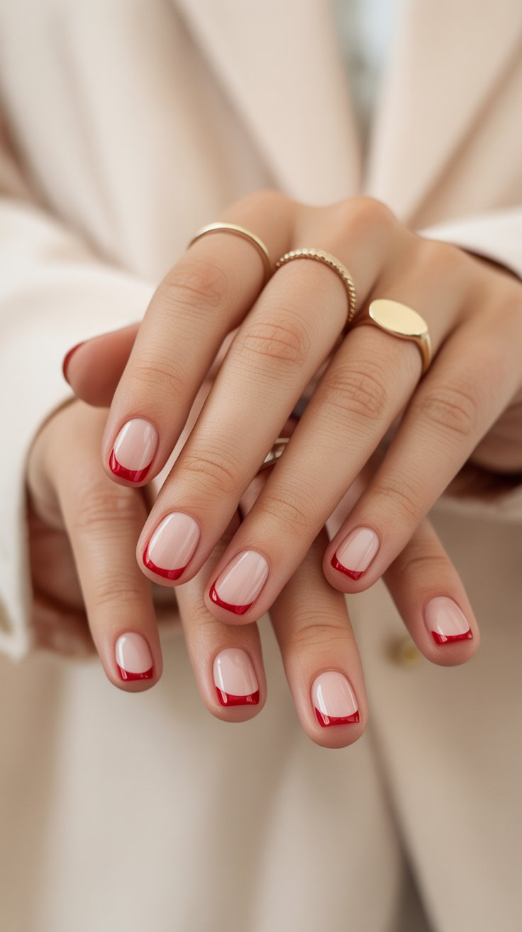 Red French tip nails with nude base and gold rings on a beige background