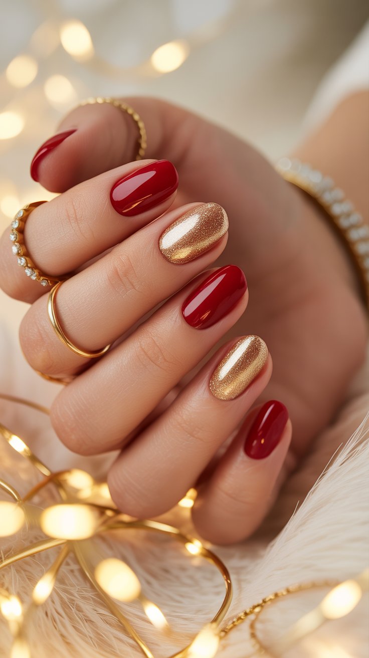 Red nails with one gold accent nail and elegant jewelry.”