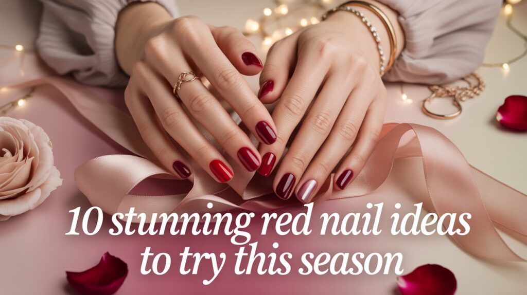 “Elegant red manicured nails in multiple shades with soft lighting and feminine aesthetic.”