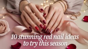 “Elegant red manicured nails in multiple shades with soft lighting and feminine aesthetic.”
