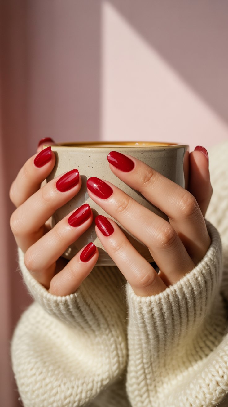 Glossy cherry red nails with cozy sweater and latte, classic feminine manicure.