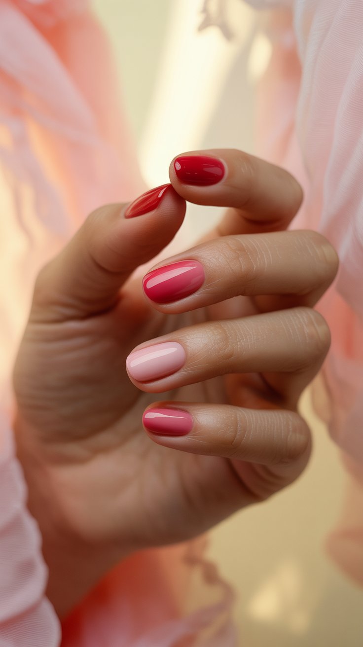Red ombre nails blending from crimson to soft pink in romantic light