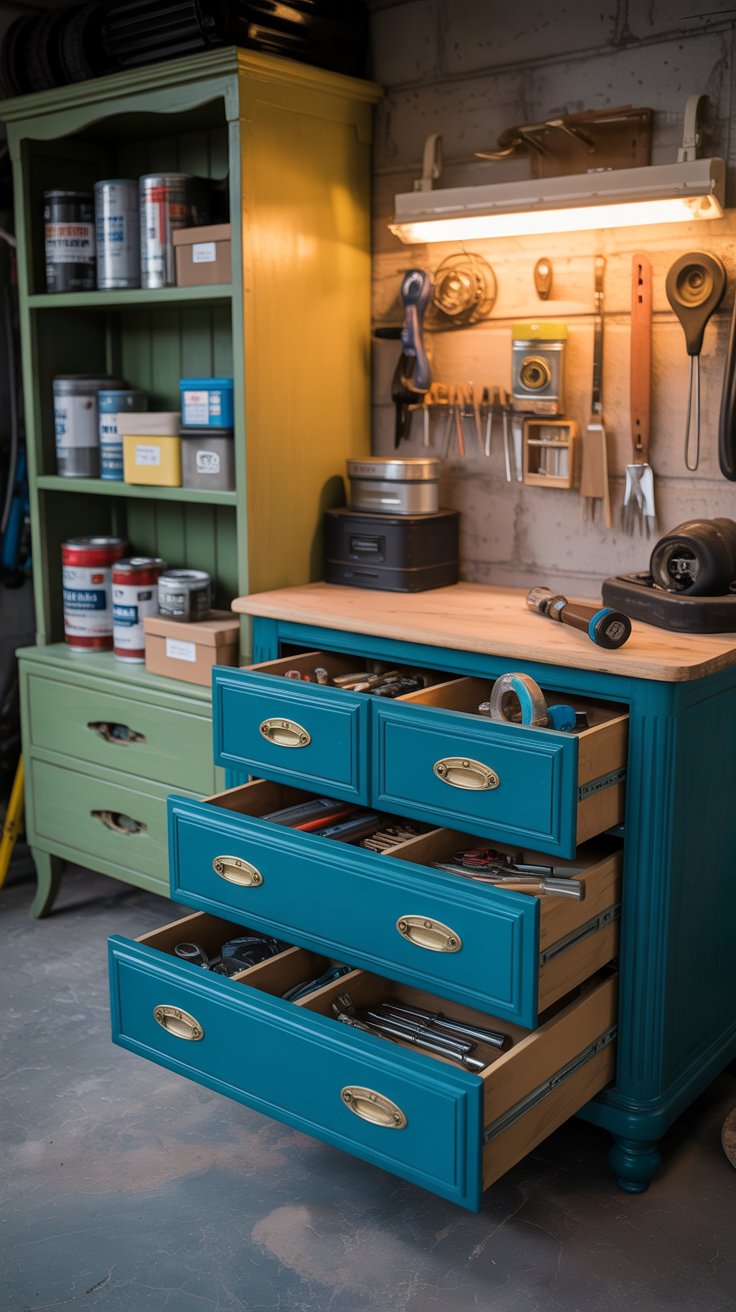 image of repurposed furniture as storage in garage