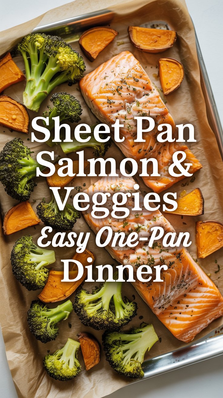 Roasted salmon fillets with colorful vegetables on a sheet pan, glowing golden light for a fresh, healthy January meal.