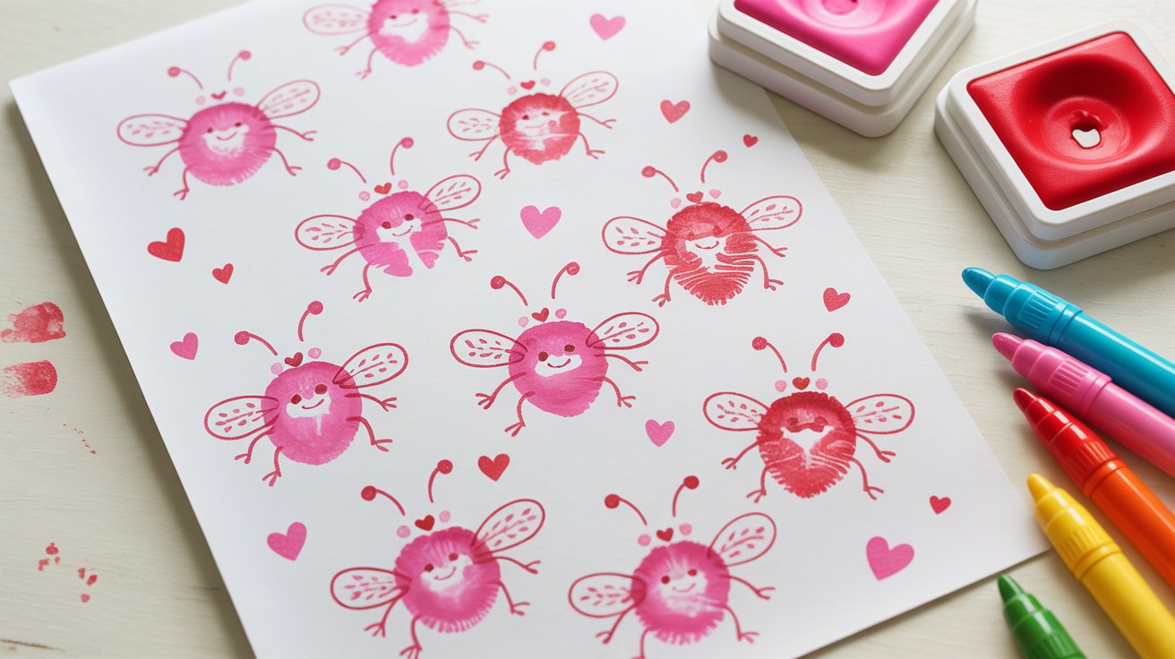 Thumbprint Valentine love bugs created with pink and red ink fingerprints and marker details