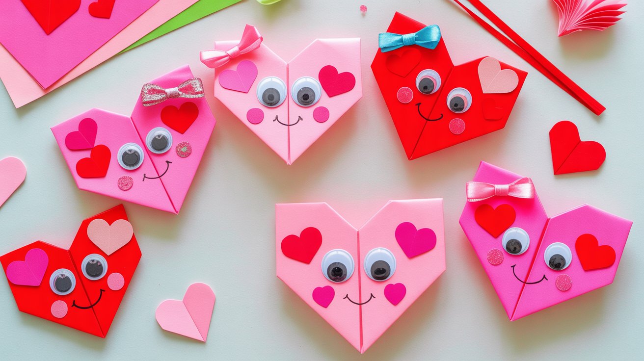Valentine corner bookmarks folded from paper and decorated with hearts and cute faces.