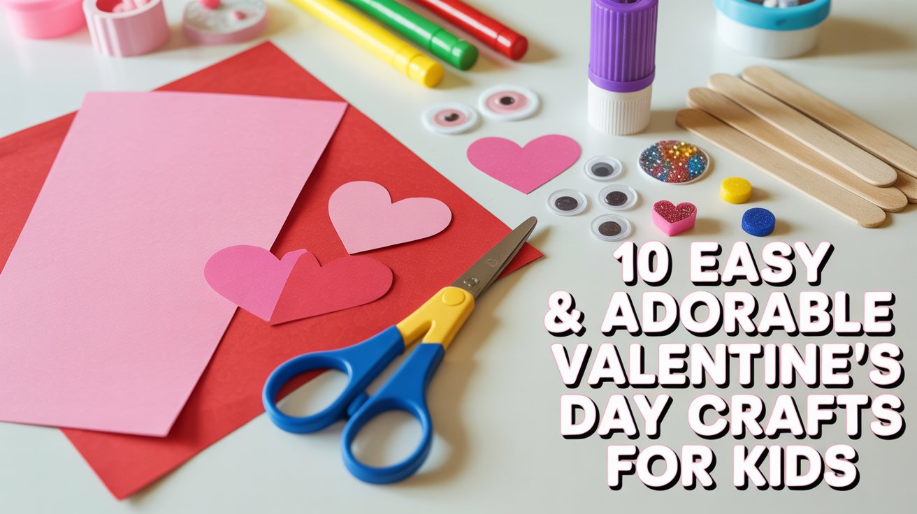 Flat lay of Valentine’s Day kids craft supplies including paper hearts, scissors, glue, markers, and googly eyes arranged on a white table for a kids craft blog post.