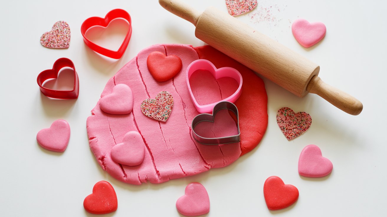 Pink and red playdough Valentine hearts cut with heart cookie cutters on a white craft table