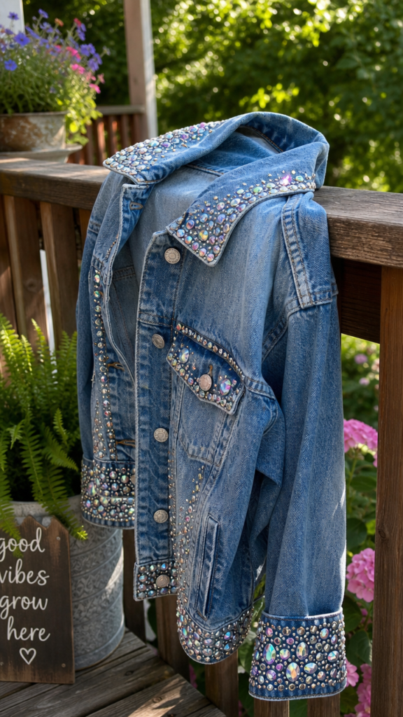 A bedazzled denim jacket draped over a wooden porch railing, gems catching the light along the collar and cuffs, outdoor garden setting with greenery in the background