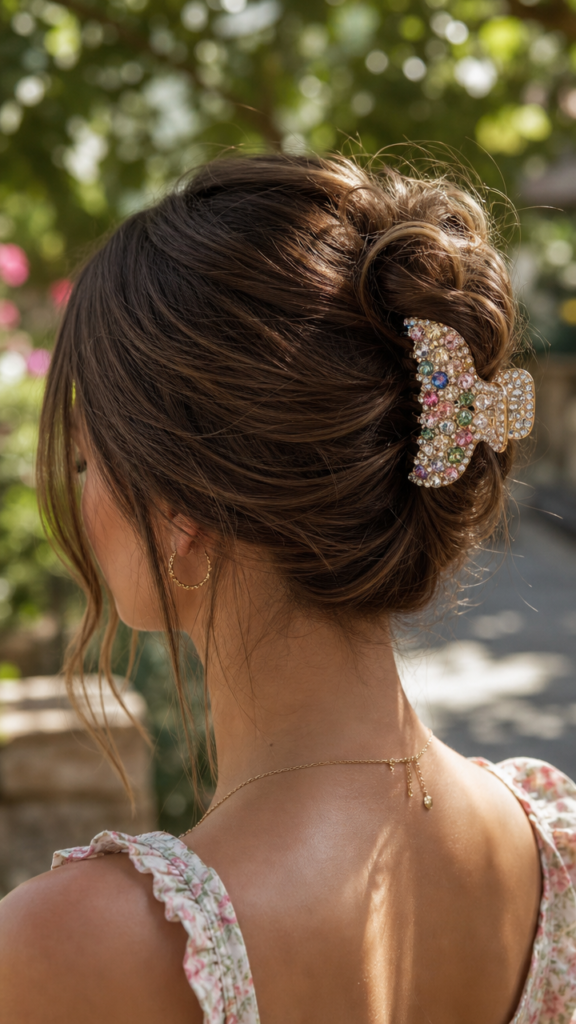 A bedazzled claw clip styled in a loose updo, shot against a soft-focus outdoor background with dappled light, summery and pretty.