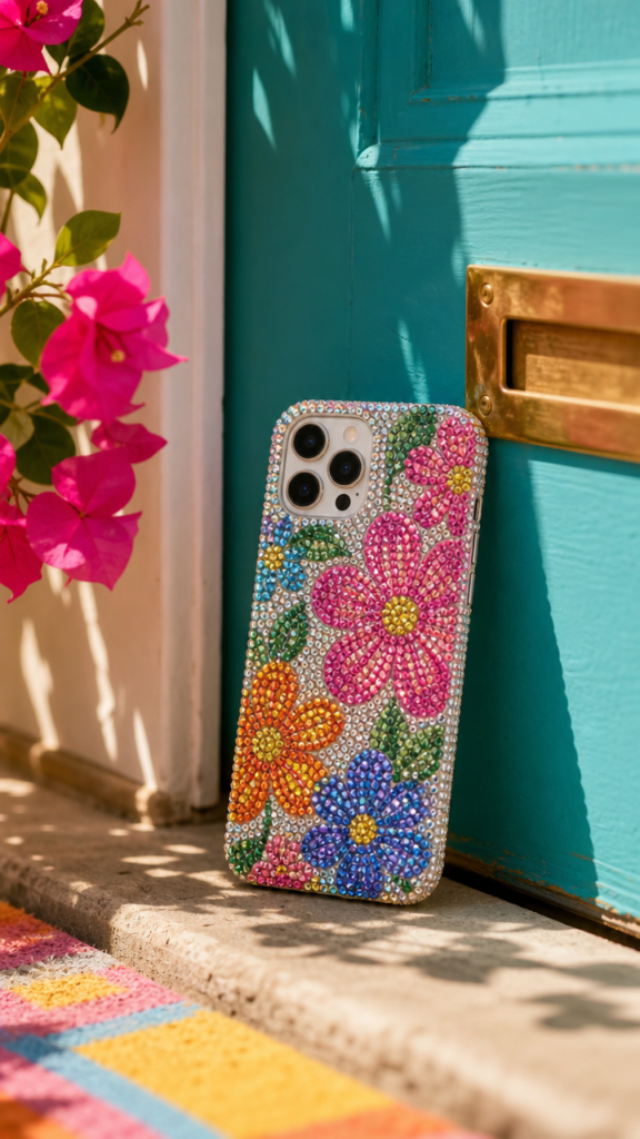 A finished bedazzled phone case with a floral rhinestone design propped against a colourful front door (yellow or teal), soft sunlight, fresh and fun summer vibe.