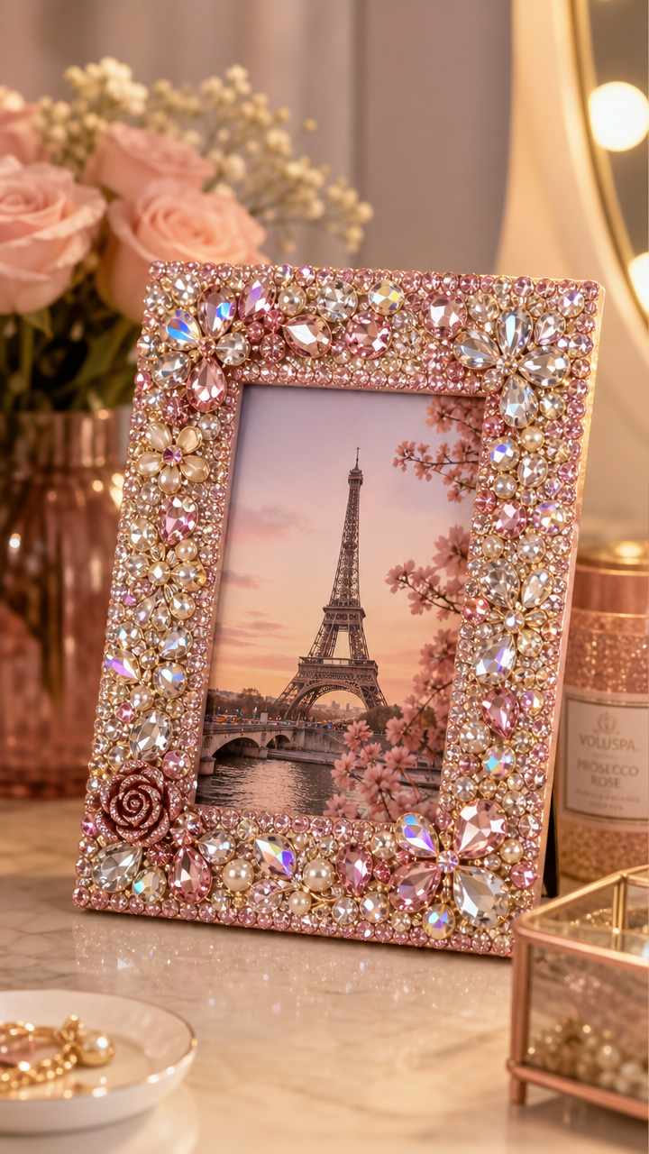 A finished bedazzled picture frame styled on a vanity or shelf, gems catching the light, soft bokeh background, warm and pretty indoor vibe.