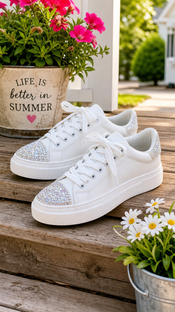 A pair of white sneakers with rhinestone details along the toe cap and heel, styled on a rustic wood porch step with a summery outdoor background — potted flowers or greenery nearby, warm natural light, bright and fun summer vibe.