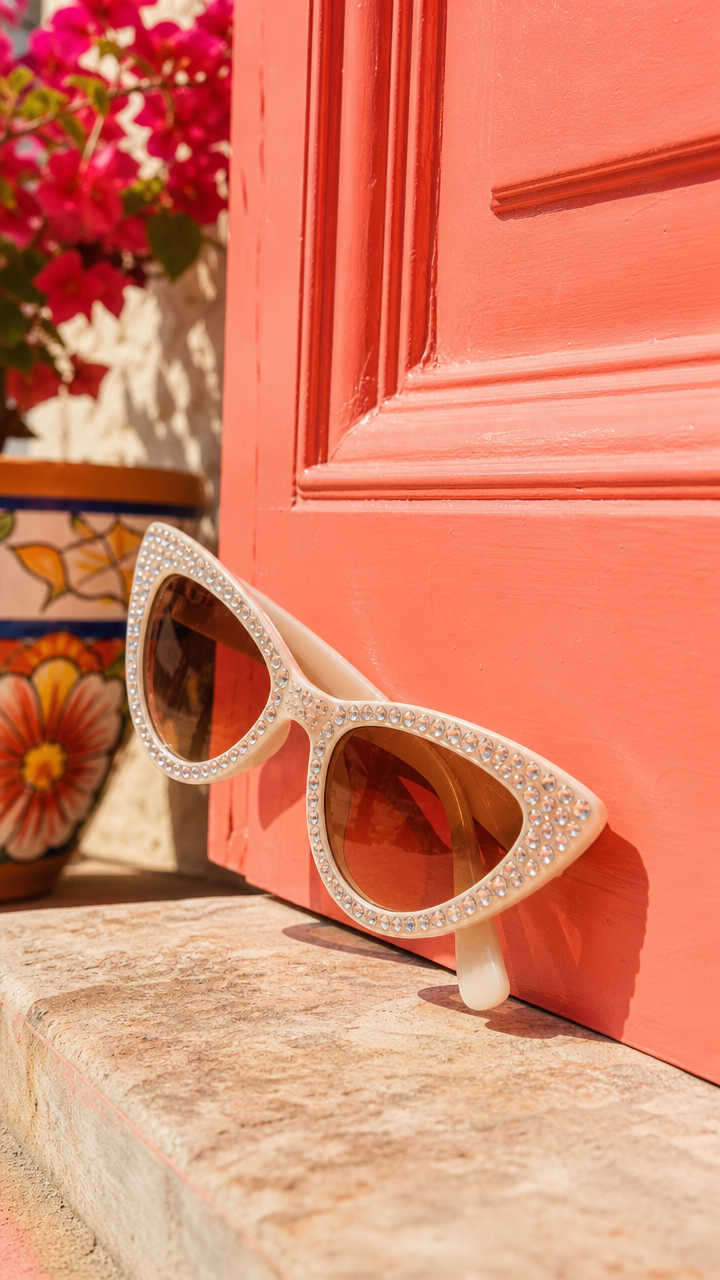A pair of white or nude sunglasses with rhinestones along the frames, propped against a colourful front door (think coral or bright blue), warm summer sunlight, fun and glam vacation vibe.