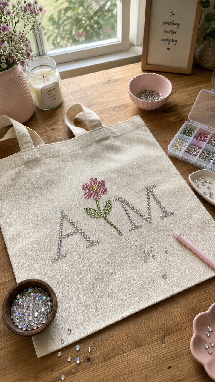 A plain canvas tote bag mid-bedazzle on a wood table, rhinestones spelling out initials or a simple floral design, gems scattered around, natural light coming in from a nearby window, cozy and crafty feel.