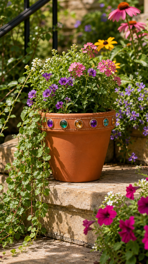 A terracotta pot with gems around the rim sitting on a sunny outdoor garden step, surrounded by trailing greenery and summer flowers.
