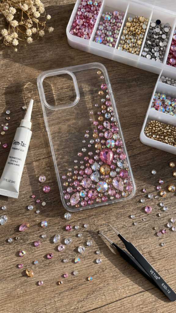 Flat lay on a rustic wood surface — a clear phone case mid-bedazzle, scattered rhinestones in various sizes and colours, tweezers, and a small tube of gem glue. 