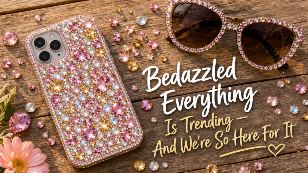 Flat lay on a rustic wood surface — a finished bedazzled phone case, scattered rhinestones in pink, clear, and gold, a pair of bedazzled sunglasses, and a few loose gems catching the light. Warm natural daylight, bright and summery. Text overlay reads: "Bedazzled Everything Is Trending — And We're So Here For It" in a fun, casual font in white or soft gold.
