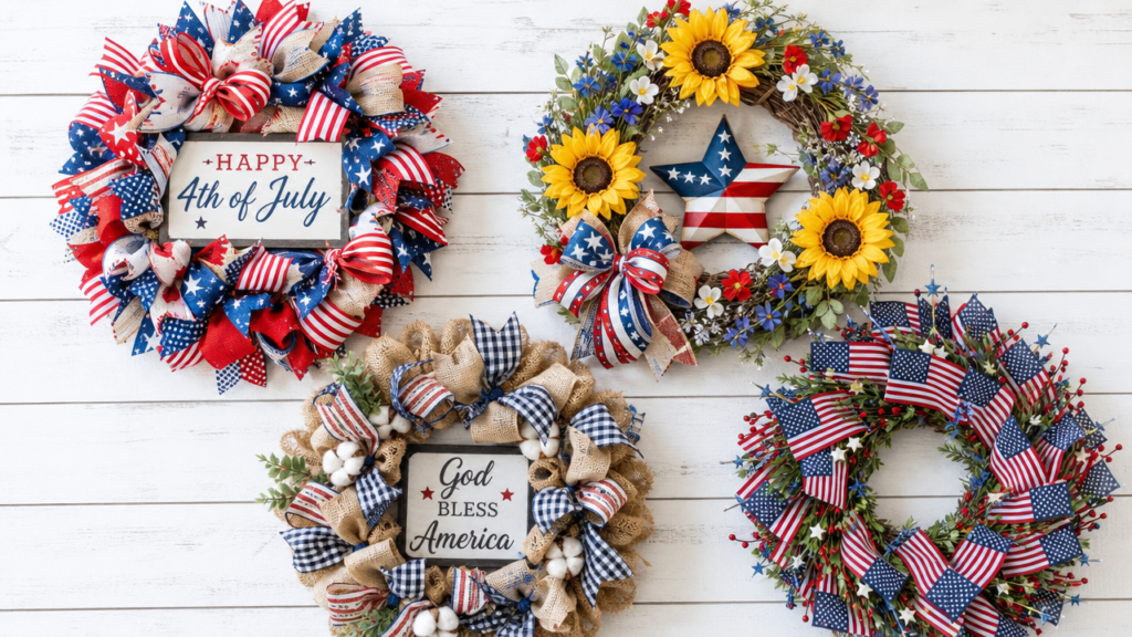 Horizontal landscape photo, a stunning collage-style flat lay of four different 4th of July wreaths arranged on a white wood background, red white and blue ribbon wreath, sunflower patriotic wreath, burlap farmhouse wreath, and mini flags wreath, bright natural daylight, cheerful and festive,