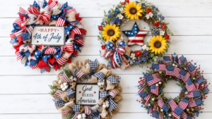Horizontal landscape photo, a stunning collage-style flat lay of four different 4th of July wreaths arranged on a white wood background, red white and blue ribbon wreath, sunflower patriotic wreath, burlap farmhouse wreath, and mini flags wreath, bright natural daylight, cheerful and festive,
