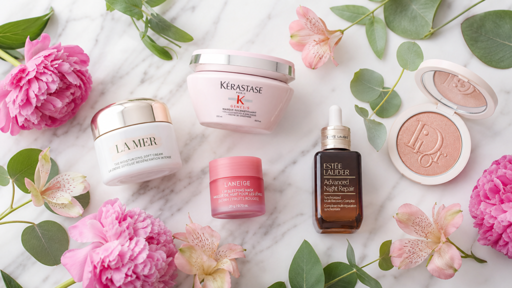 flat lay of luxury premium skin care from amazon