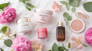 flat lay of luxury premium skin care from amazon