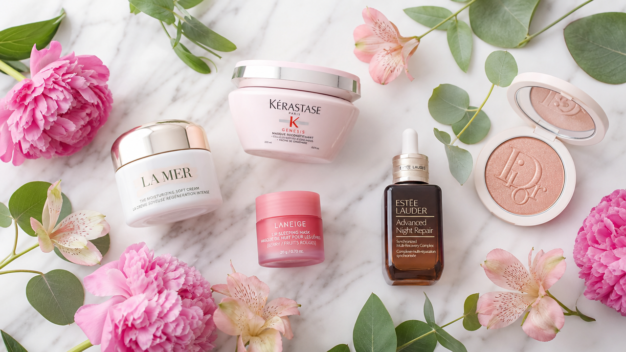 flat lay of luxury premium skin care from amazon