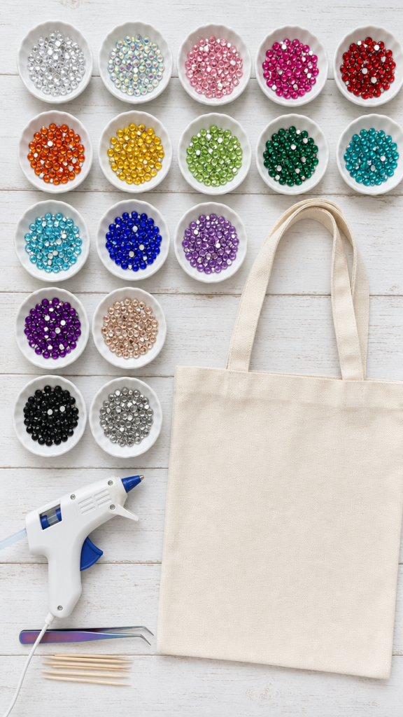 Top-down shot on a white wood surface — flatback rhinestones sorted by colour in small dishes, a glue gun, tweezers, toothpicks, and a blank canvas tote bag waiting to be decorated.