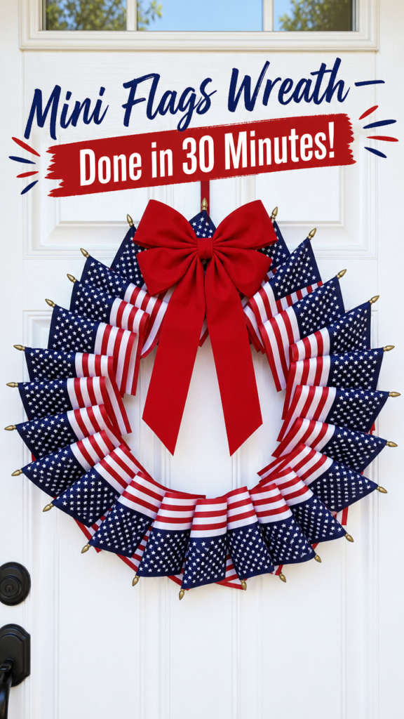 Vertical portrait photo of a festive wreath made entirely of overlapping mini American flags arranged in a full circle on a foam base, topped with a large red ribbon bow, hanging on a bright white front door, patriotic and cheerful, crisp natural dayligh