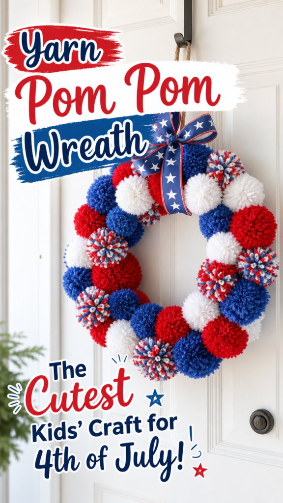 Vertical portrait photo of a fun and fluffy wreath covered in chunky yarn pom poms in red, white, and blue, hanging on a white door, bright and playful, soft natural light, cozy and whimsical craft photography style