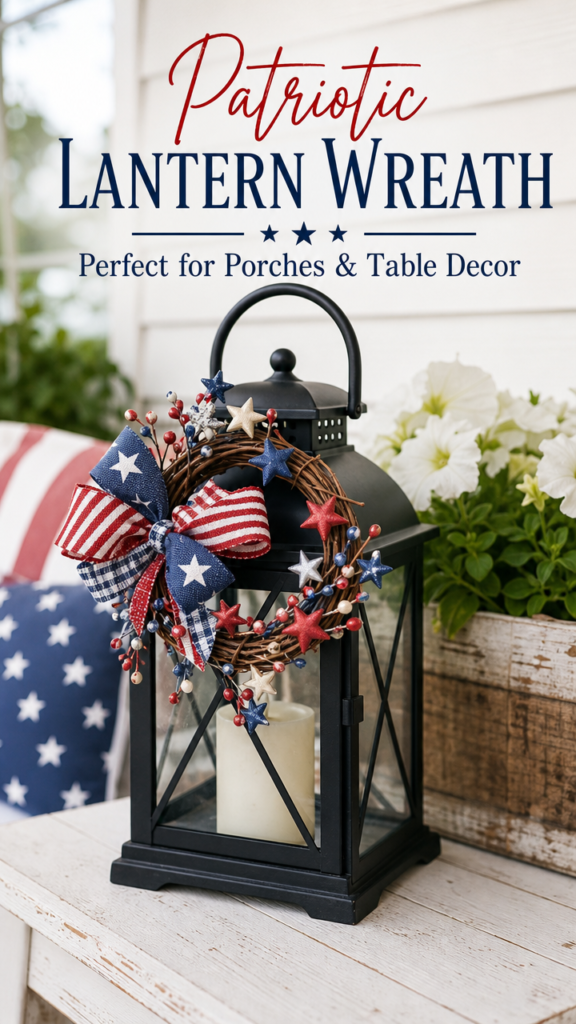 Vertical portrait photo of a styled summer porch vignette featuring a small patriotic wreath in red white and blue ribbon and star picks draped over the handle of a black lantern sitting on a white wood surface, soft natural light, cozy farmhouse lifestyle photography,
