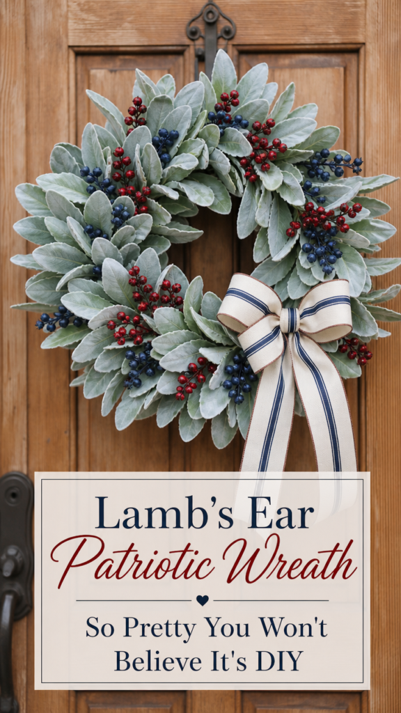 Vertical portrait photo of a soft and beautiful wreath made of silvery green faux lamb's ear leaves with clusters of deep red and navy blue berries and a simple ribbon bow, hanging on a wood door, soft diffused natural light, elegant and romantic garden style