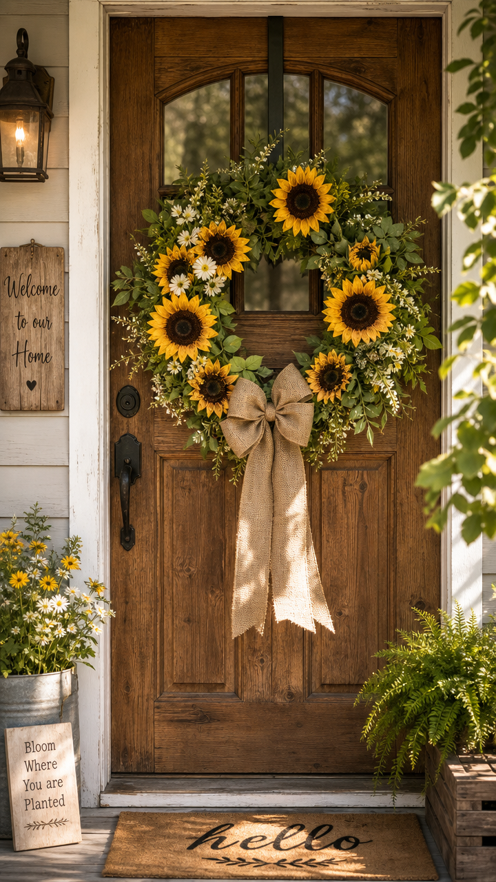 wooden door with diy sunflower wreath