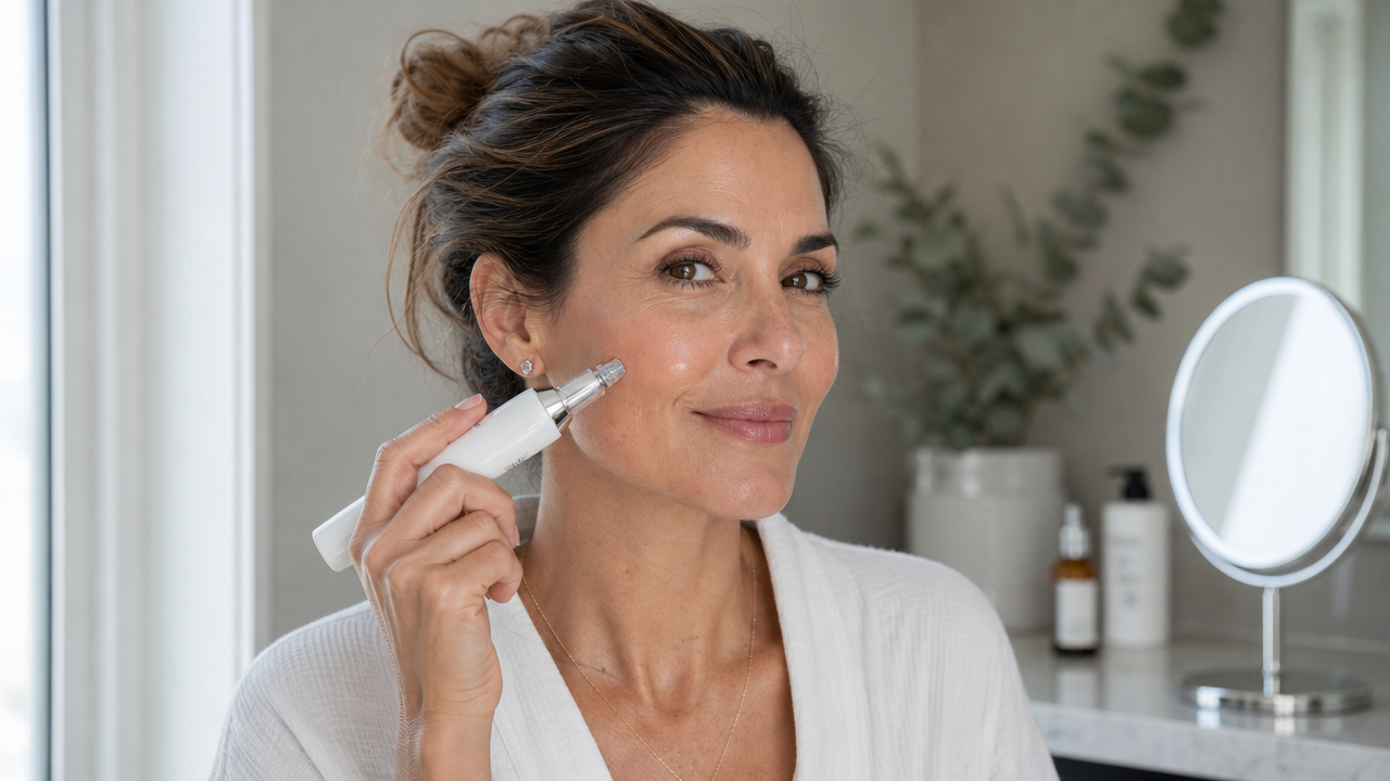 woman doing at home micro needling