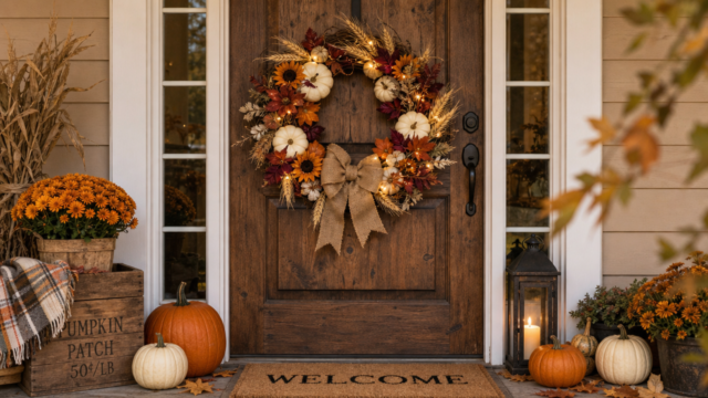 fall wreath on front door pumkins around