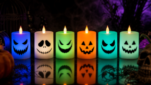 A row of flameless LED pillar candles with flickering flame-shaped tops, each printed with a different spooky Halloween jack-o-lantern face in black silhouette, glowing in a variety of colors including blue, white, green, orange, and teal, reflecting softly on a dark glossy surface,