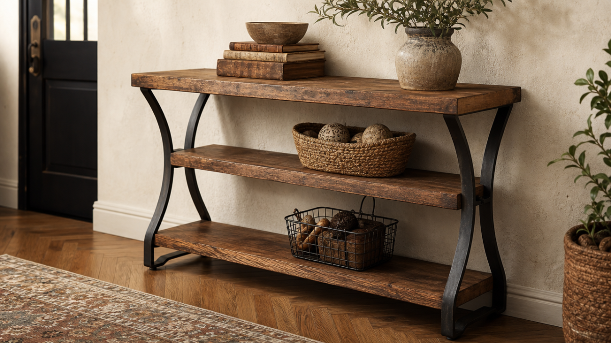 Tribesigns 41" Small Console Table for Entryway, 3-Tier Narrow Rustic Sofa Table with Storage Shelves and Curved Frame for Living Room
