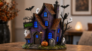 Valery Madelyn Halloween Decorations, Lighted Halloween Village Houses with LED Lights, Resin Spooky Town Happy Haunted House for Home and Party Table Desk Mantel, 9 Inch