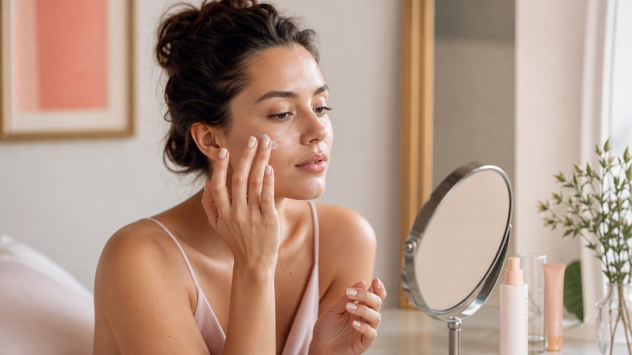 woman applying primer to her face