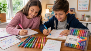 kids writing with gel pens