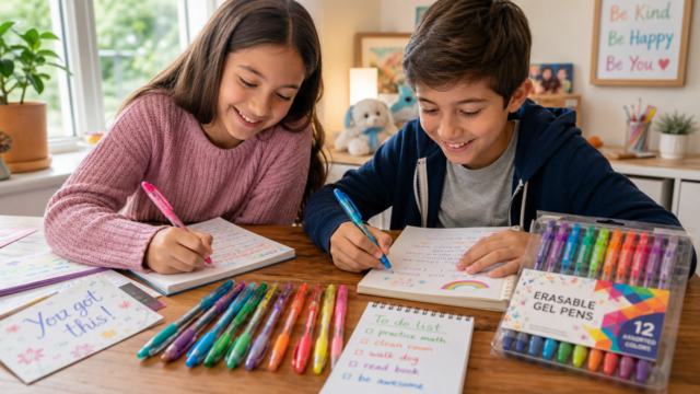 kids writing with gel pens