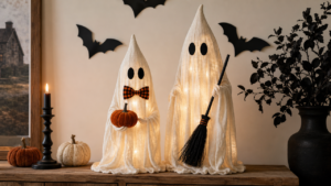 Halloween Decorations Indoor, 2 Pack Lighted Ghost Decor with Broom Pumpkin | Warm LED Glow Charming