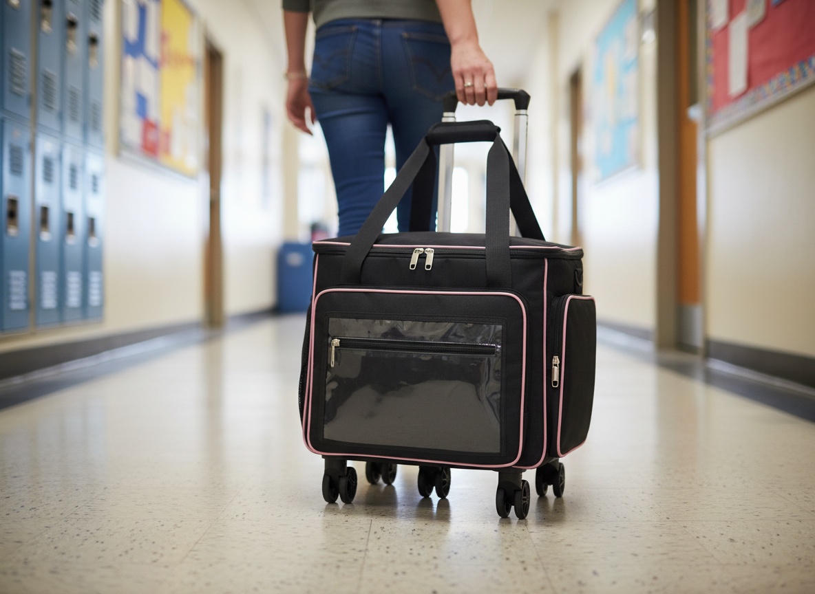 Amythe Rolling Teacher Tote Bag with Wheels, Laptop Briefcase for Women, 15.6" Laptop Compartment, Black: A woman rollin