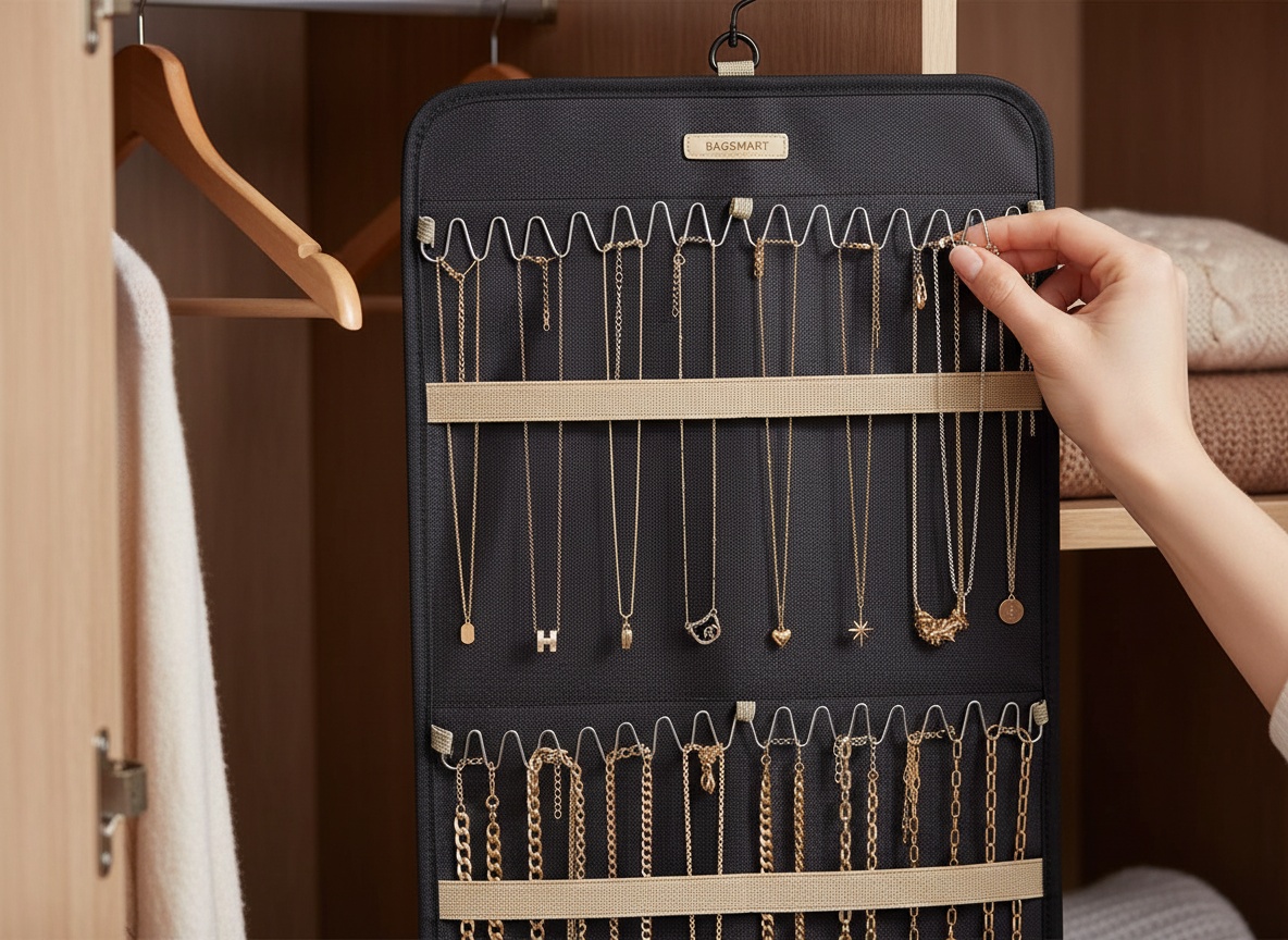BAGSMART Hanging Jewelry Organizer Storage Roll with Hanger Metal Hooks Double-Sided Jewelry Holder for Earrings, Neckla