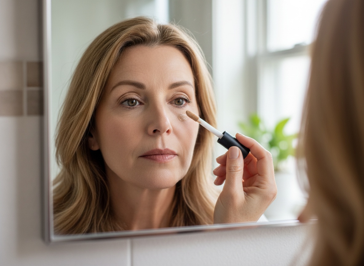 LAURA GELLER Ideal Fix Eye Concealer for Mature Skin – Light: A woman in her late 50s applying Laura Geller Ideal Fix Ey