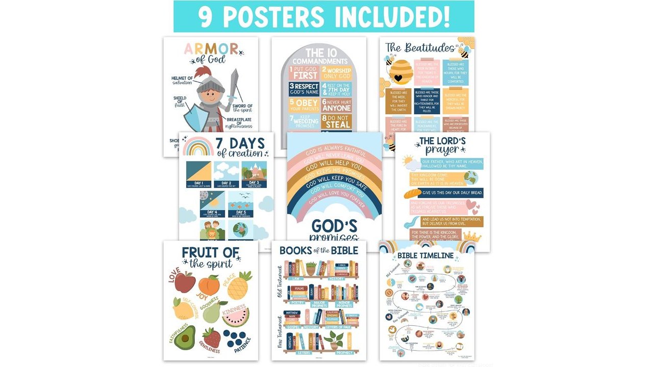 Bible Posters for Kids - Sunday School Decorations for Classroom Must Haves | 9 Christian Posters for Kids, Books of The Bible Poster for Classroom Decor, 10 Commandments, Fruits of the Spirit Wall Decor