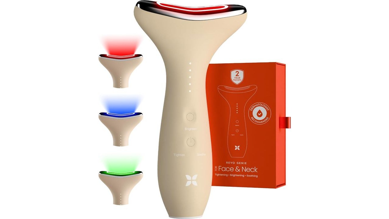 REVO Genie Facial Massager for Face and Neck, LED Beauty Device with Heat and Vibration, Depuffing Sculpting Tool with Red Blue Green Light Modes for Skincare Routine