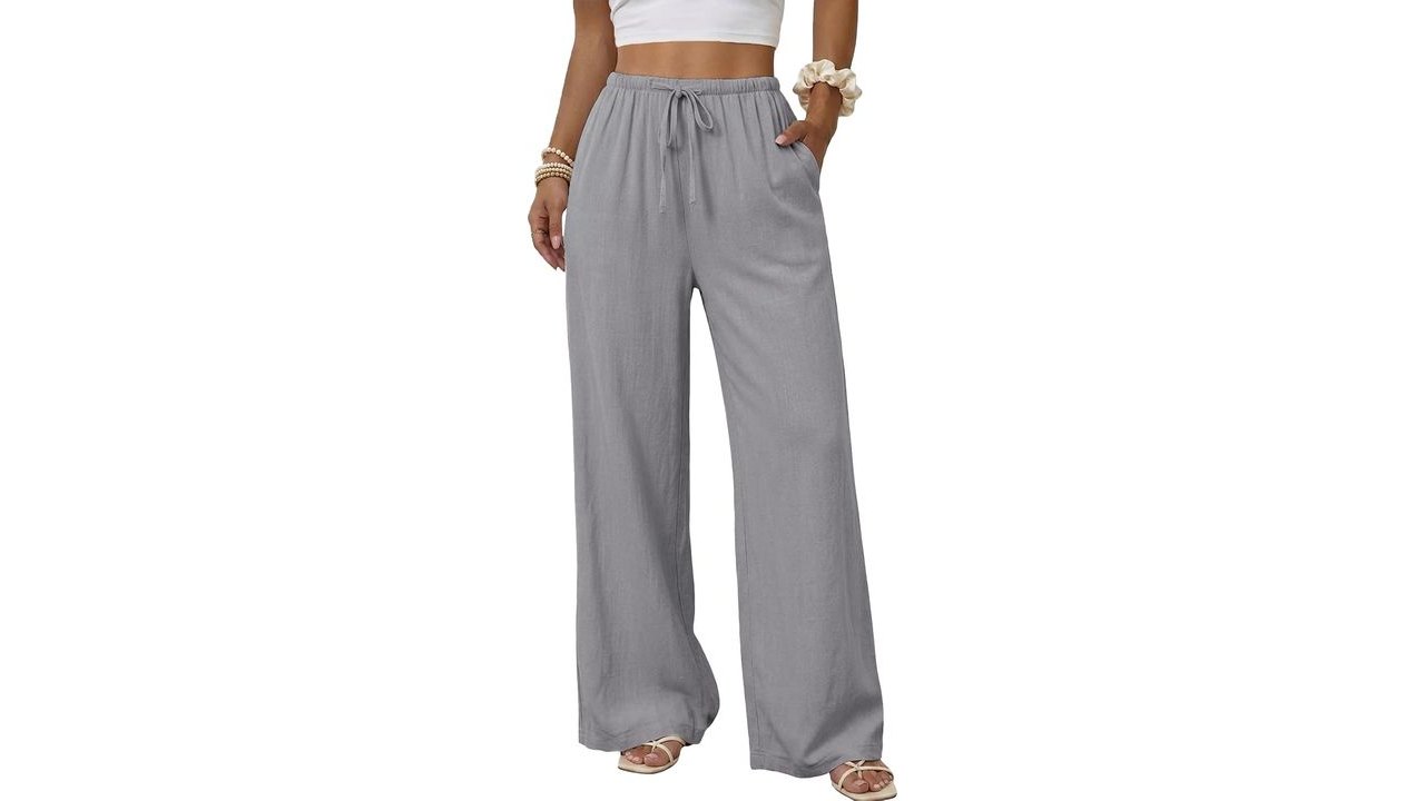 Duyang Womens Cotton Linen Palazzo Pants Drawstring Elastic Waist Casual Wide Leg Trousers with Pockets