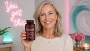 woman holding menopause support supplement